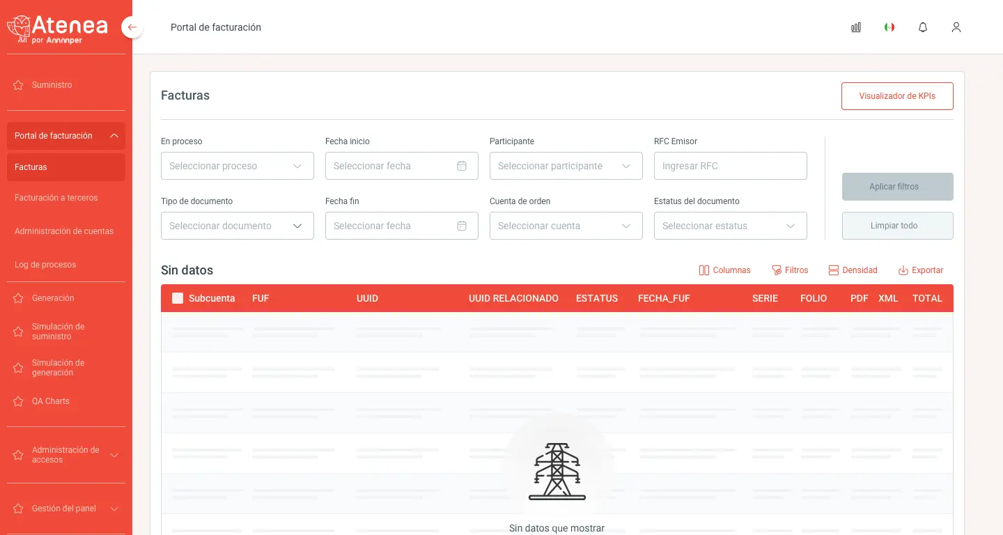 Ammper es una empresa que suministra energía eléctrica al país, además de ofrecer otros servicios relacionados con energía eléctrica./Atenea es la plataforma de administración de facturas de Ammper, a la cual se le generó un nuevo flujo para la visualización y administración de las facturas que genera, utilizando las nuevas características del CFDI 4.0